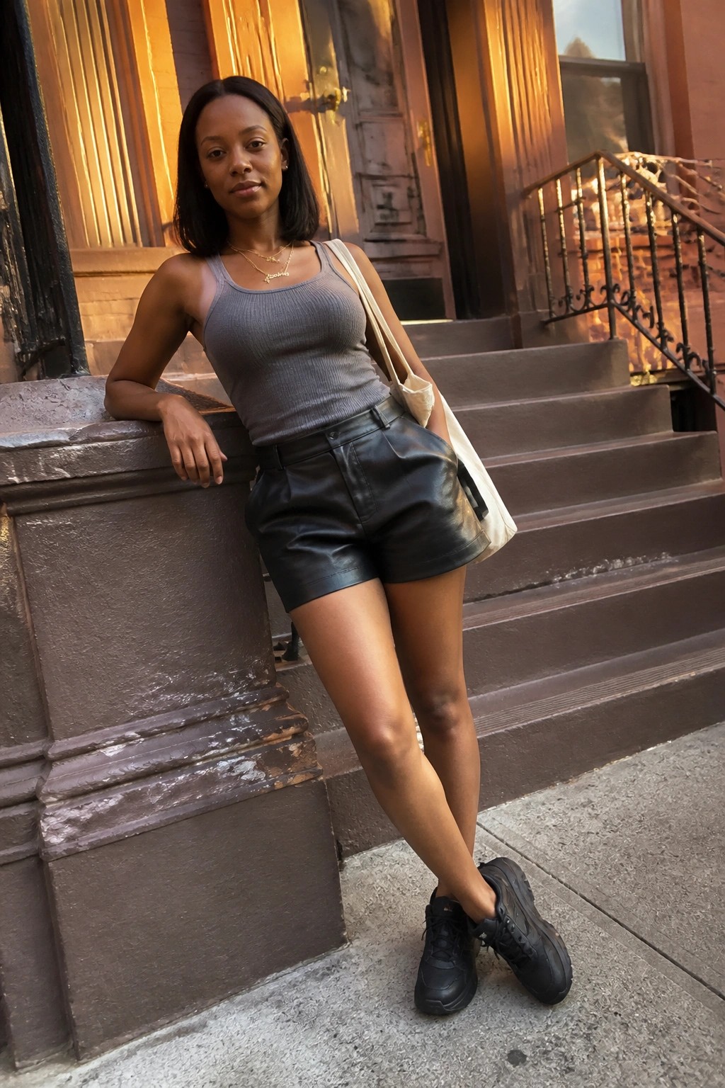Woman in gray tank top and black leather shorts leans against brownstone steps with tote bag.