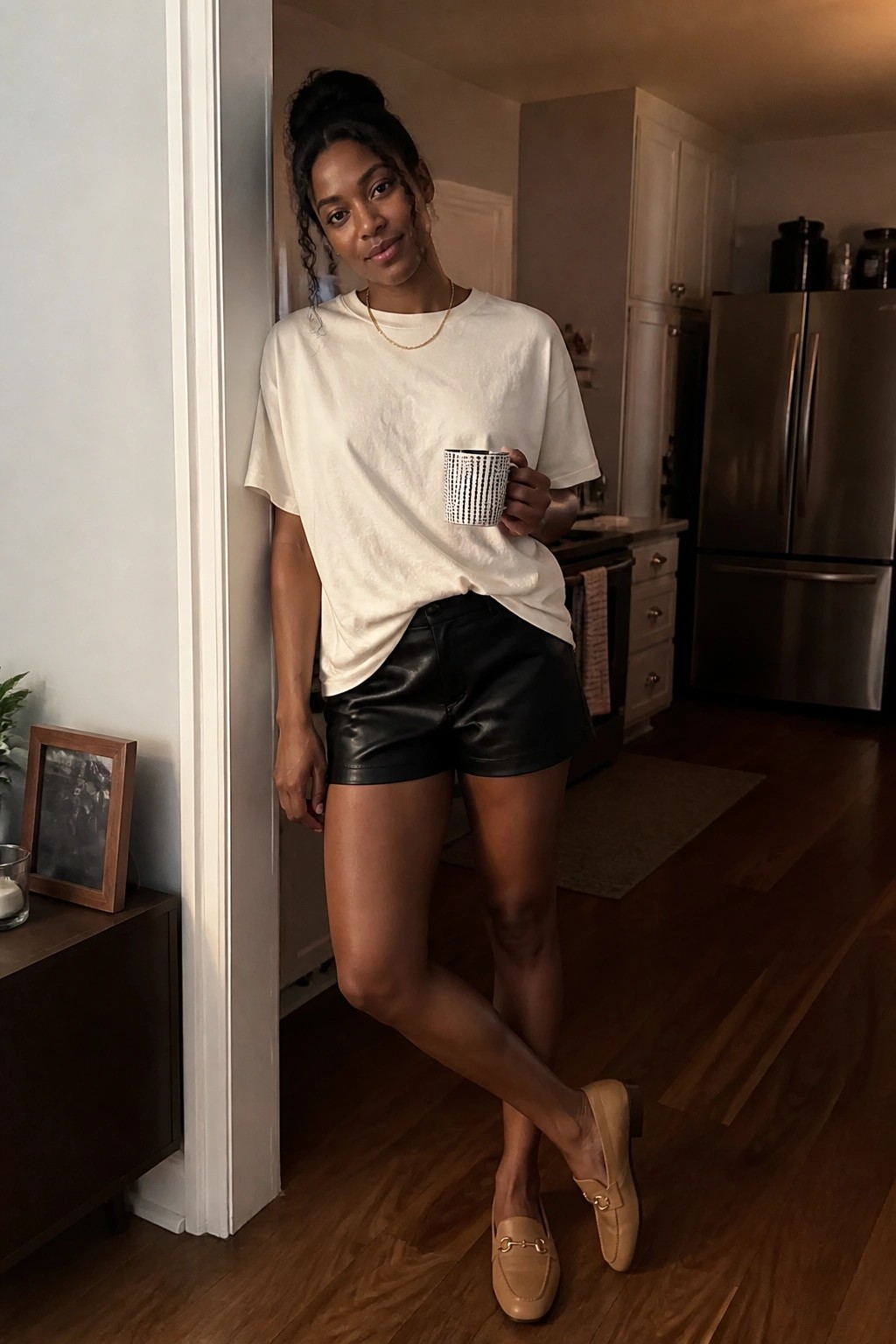 Woman in white tee and black leather shorts holding dotted mug in kitchen