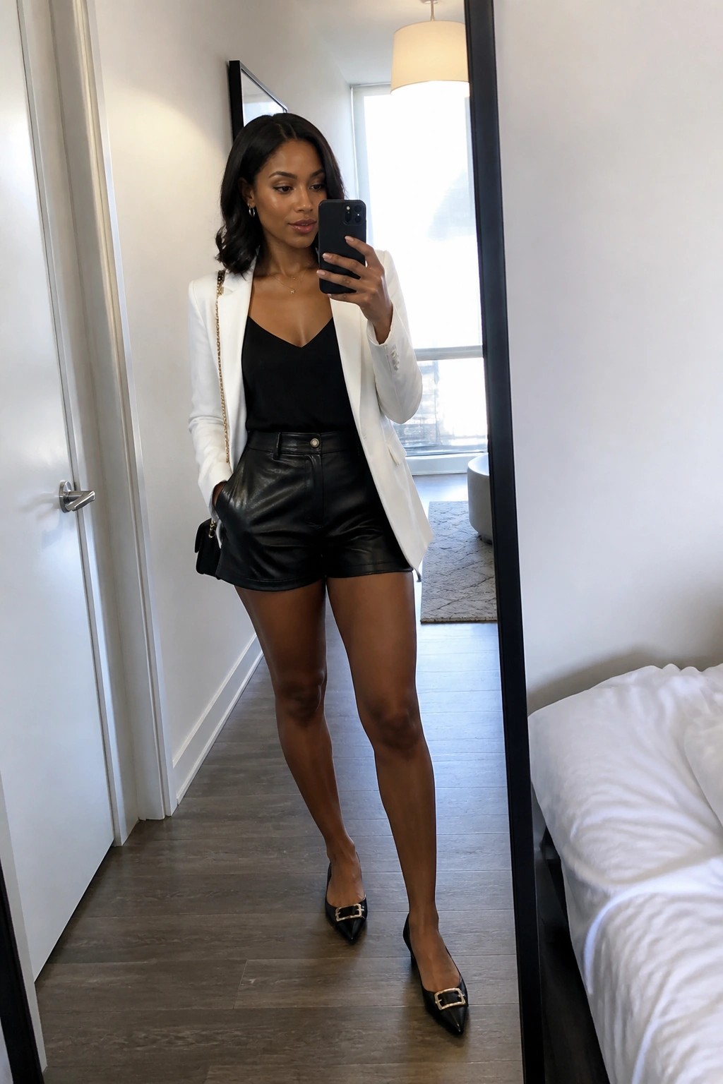 Woman in white blazer and black leather shorts taking mirror selfie in bedroom