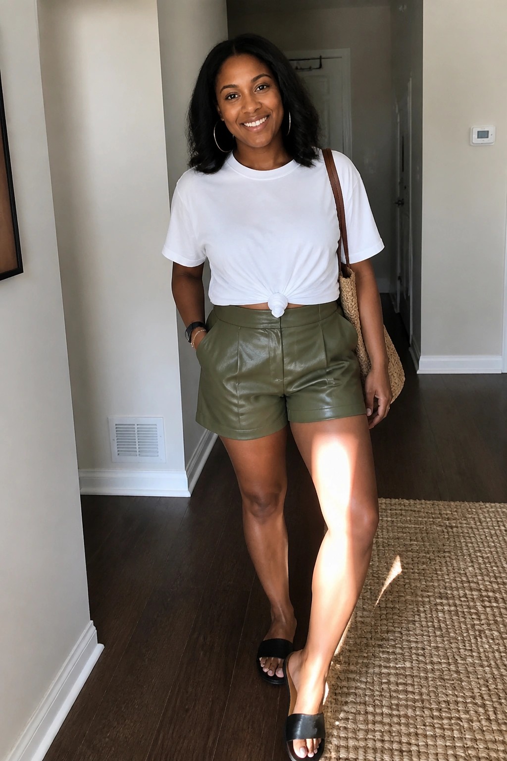 Smiling woman in white knotted tee and green leather shorts with woven bag indoors