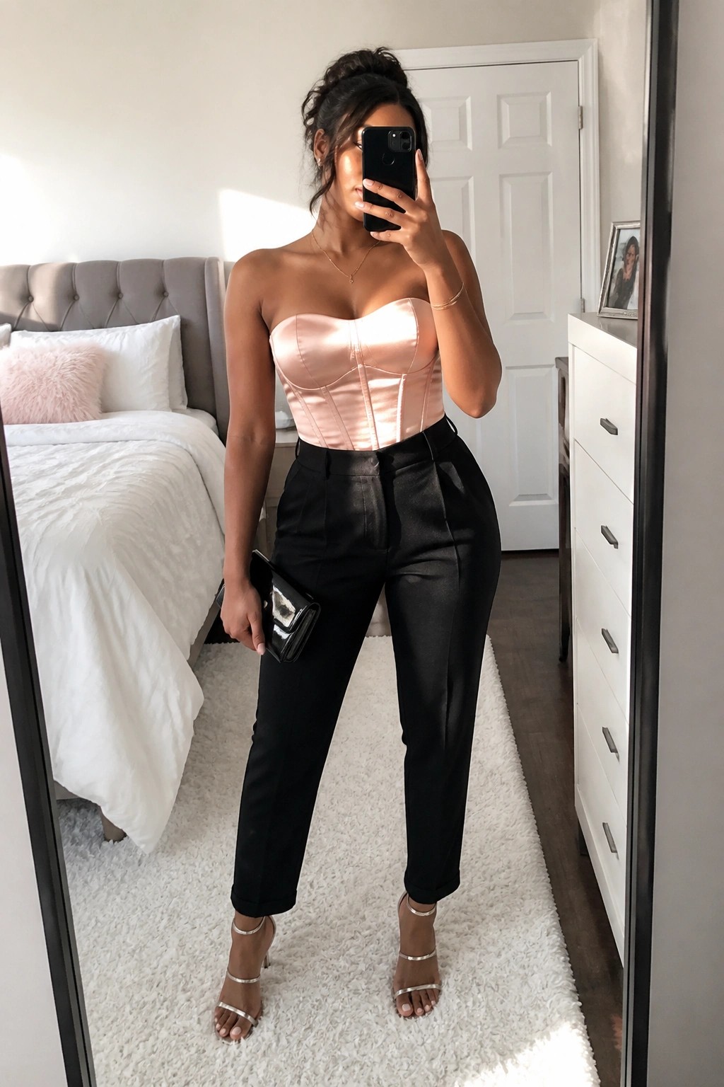 Woman in strapless pink corset and black pants taking bedroom mirror selfie