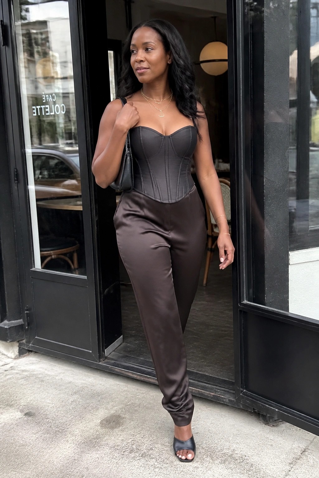 Woman in brown corset top and satin pants at café doorway