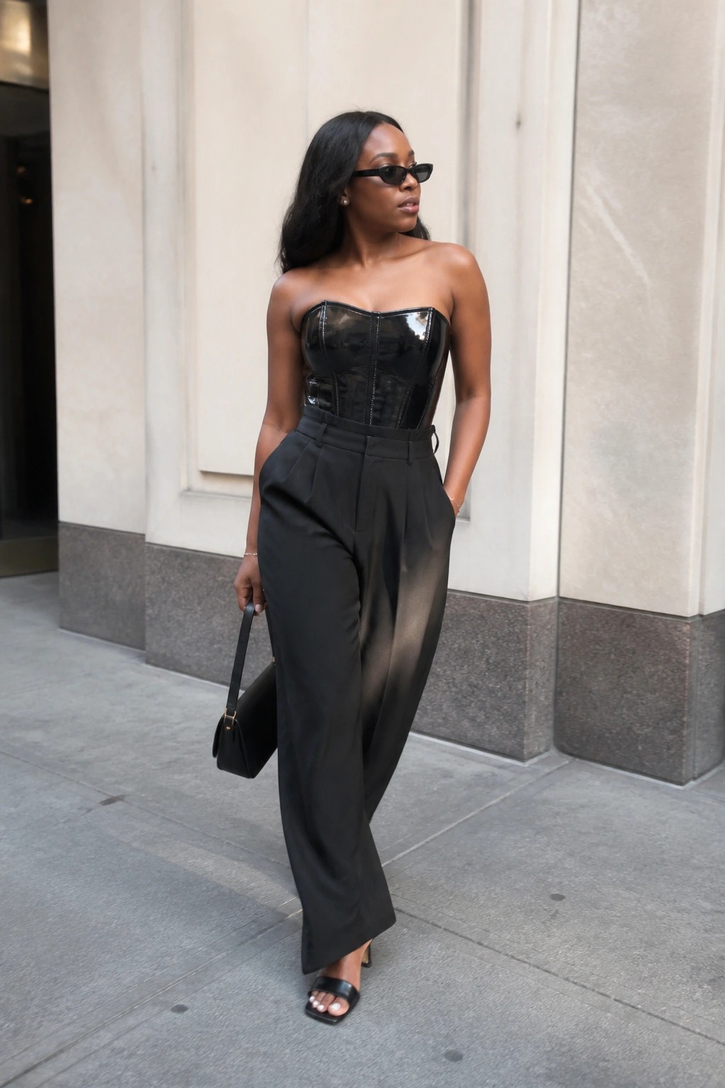 Woman in black corset top and wide-leg pants holding handbag on sidewalk