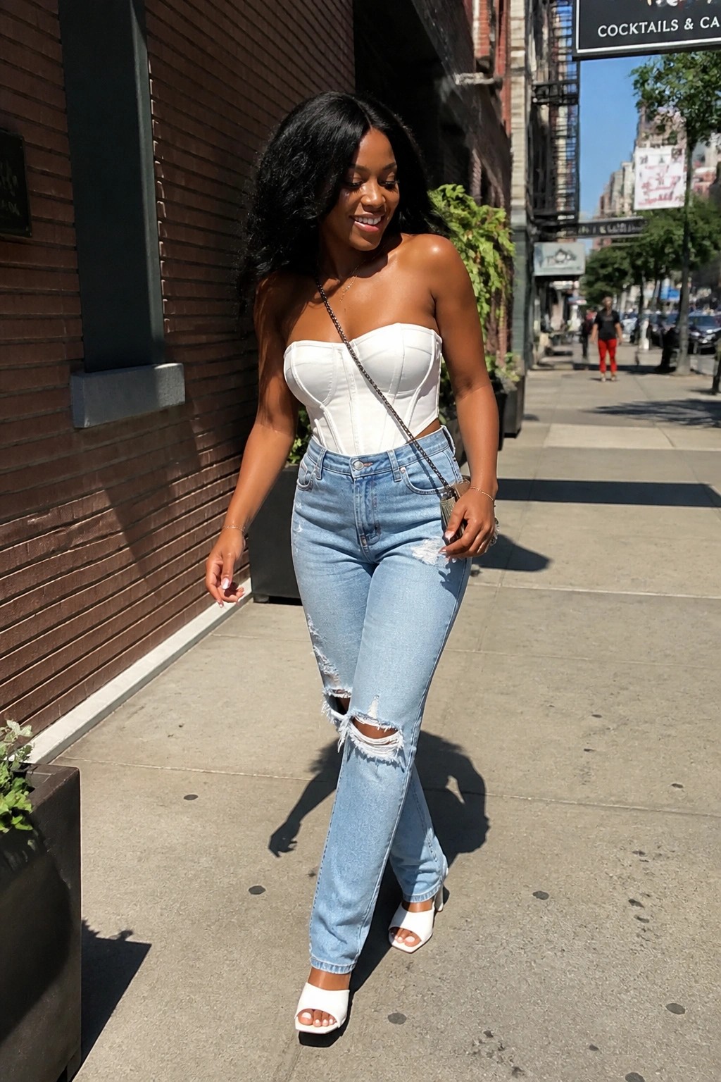 Smiling woman in white corset top and ripped blue jeans on sunny city sidewalk
