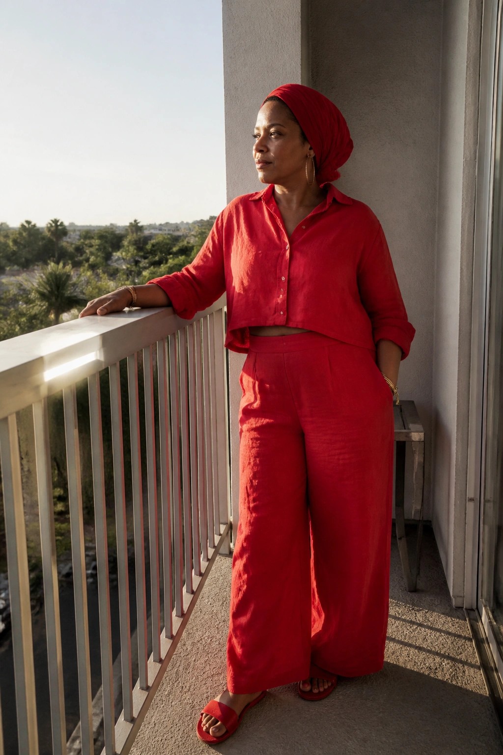 Woman in red linen crop top and wide pants leaning on sunny balcony railing