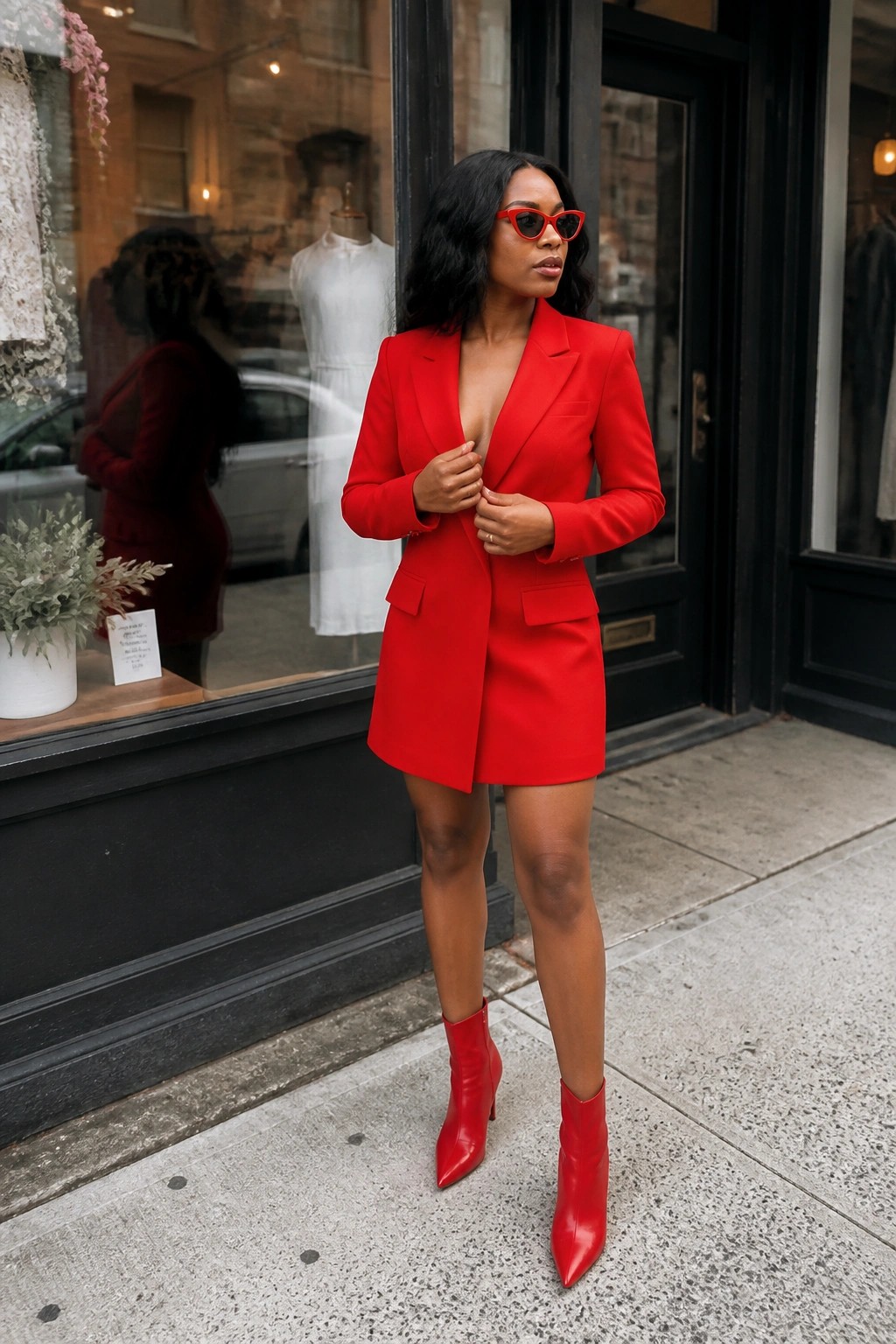 Woman in red blazer dress and boots adjusting outfit on city sidewalk