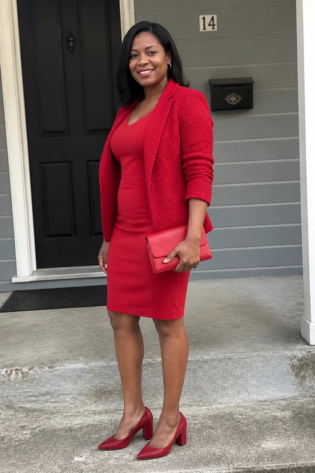 Woman in red blazer and dress with matching heels and clutch on house steps