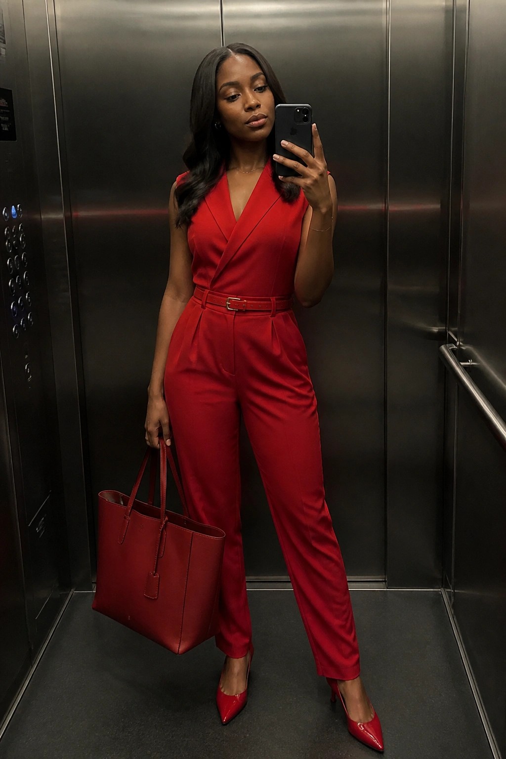 A Black woman wearing a red sleeveless belted jumpsuit with red heels and carrying a red tote bag while taking a mirror selfie in an elevator.