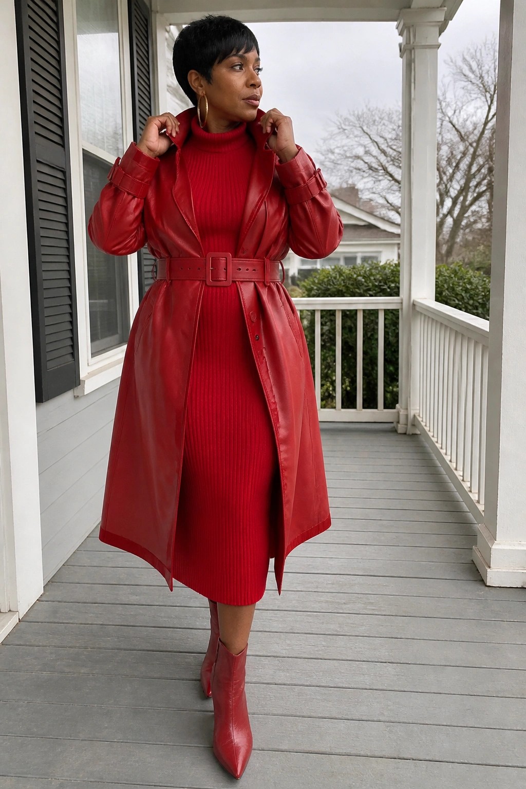 Woman in red leather trench coat over ribbed dress on porch