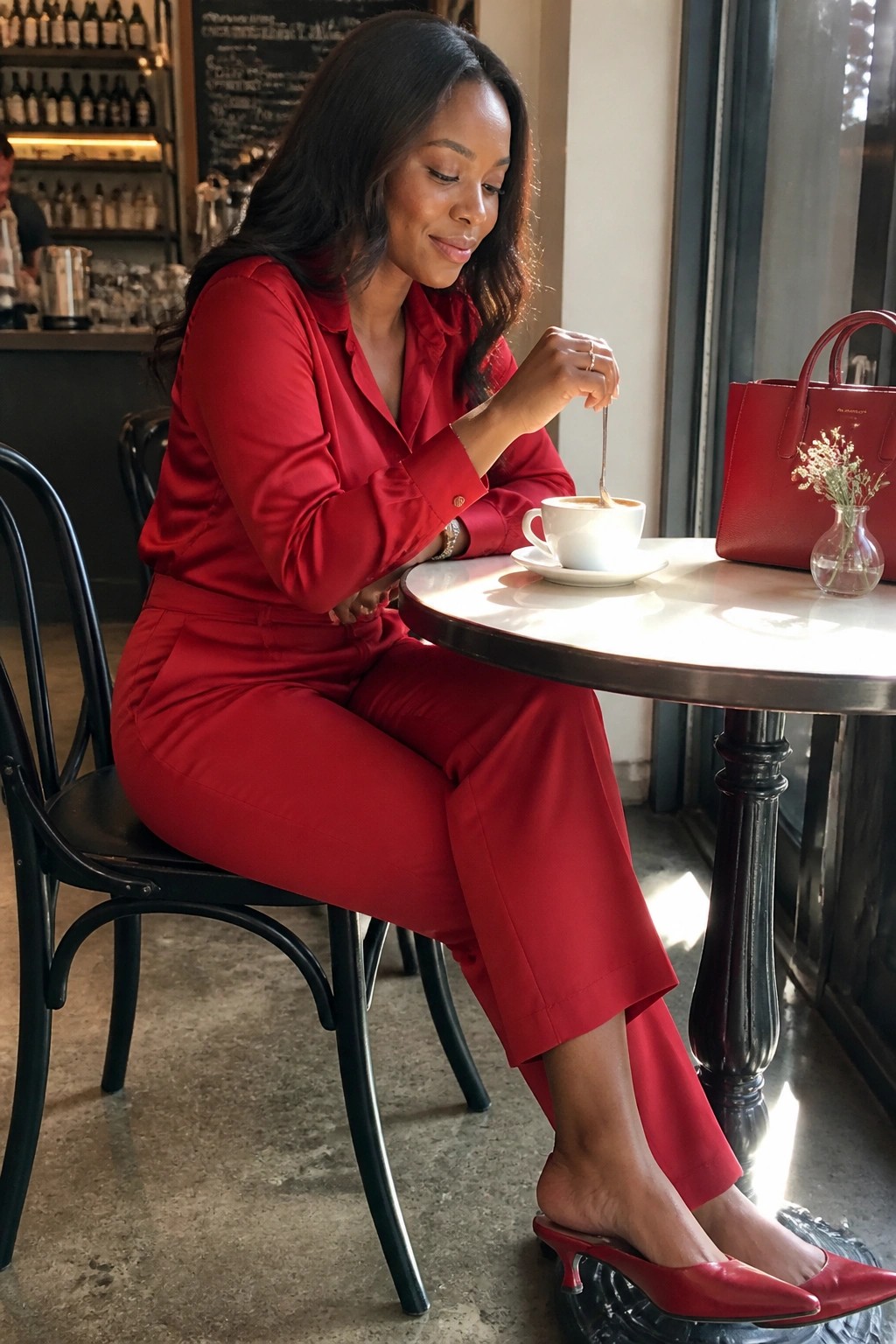 Woman in red outfit stirring coffee at cafe table beside red handbag