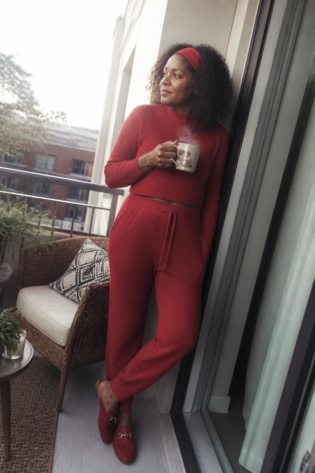 Woman in red ribbed crop sweater and joggers holding steaming mug on balcony