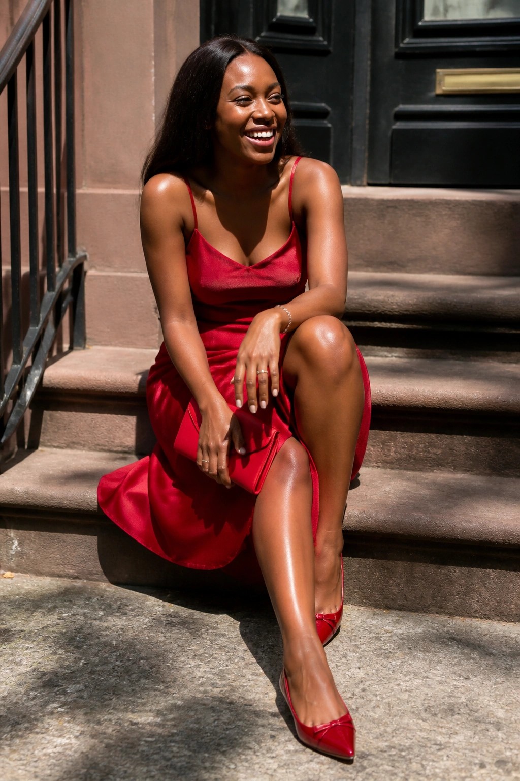 Woman in red satin dress sitting on stone steps with red clutch and heels