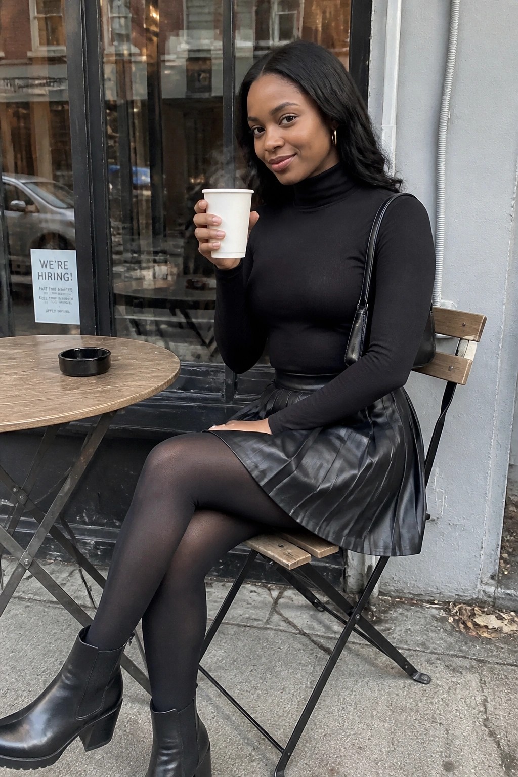 Woman in black turtleneck and leather skirt holding steaming coffee at outdoor cafe