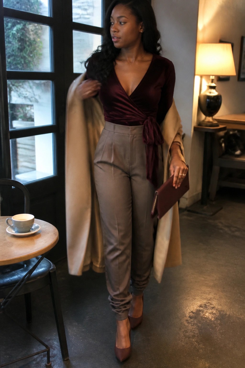 Woman in maroon velvet wrap top and gray trousers holding beige coat and clutch