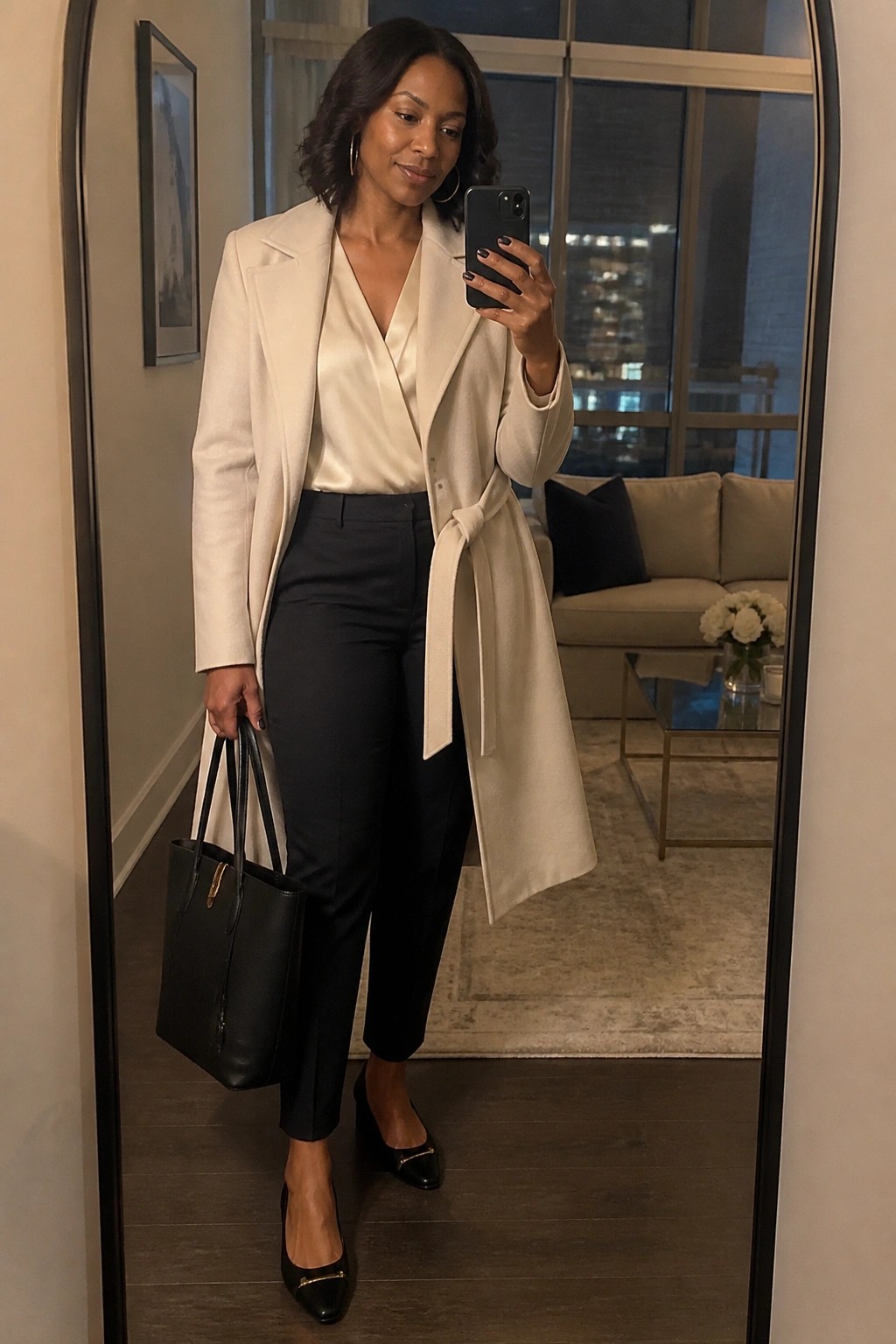 Woman in cream coat over satin blouse holds phone and black bag in mirror selfie