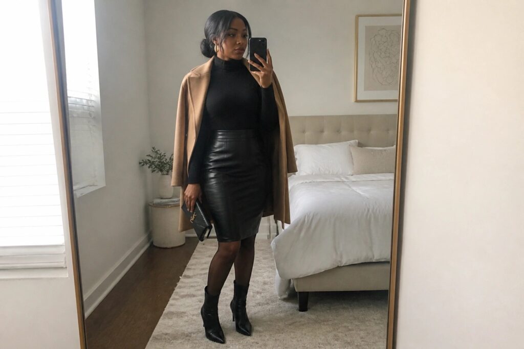 24 Polished Winter Girls Night Out Outfit Ideas for Black Women Woman in tan coat, black turtleneck, leather skirt taking mirror selfie in bedroom.