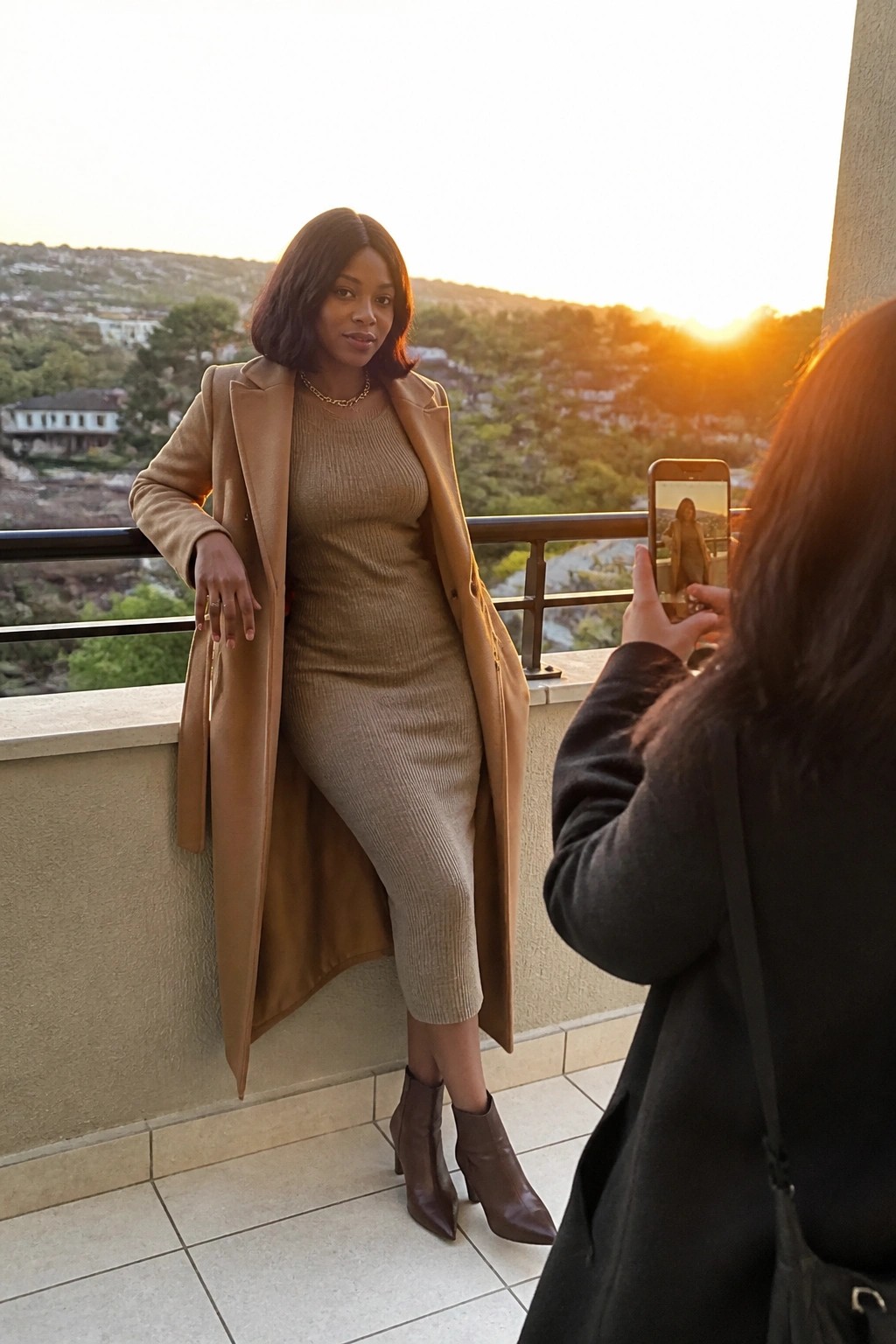 Woman in tan coat and beige dress posing on balcony, another photographing at sunset.