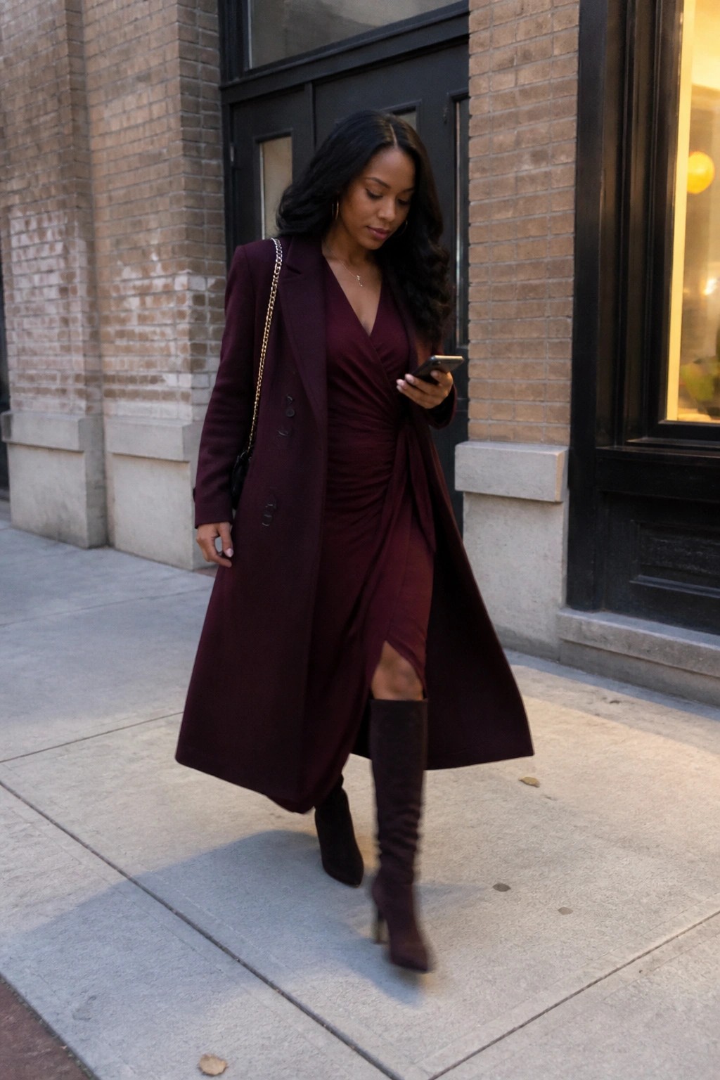 A Black woman in a long burgundy wool coat over a ruched wrap dress in the same shade with suede knee high boots and a chain strap bag while checking her phone on a sidewalk.