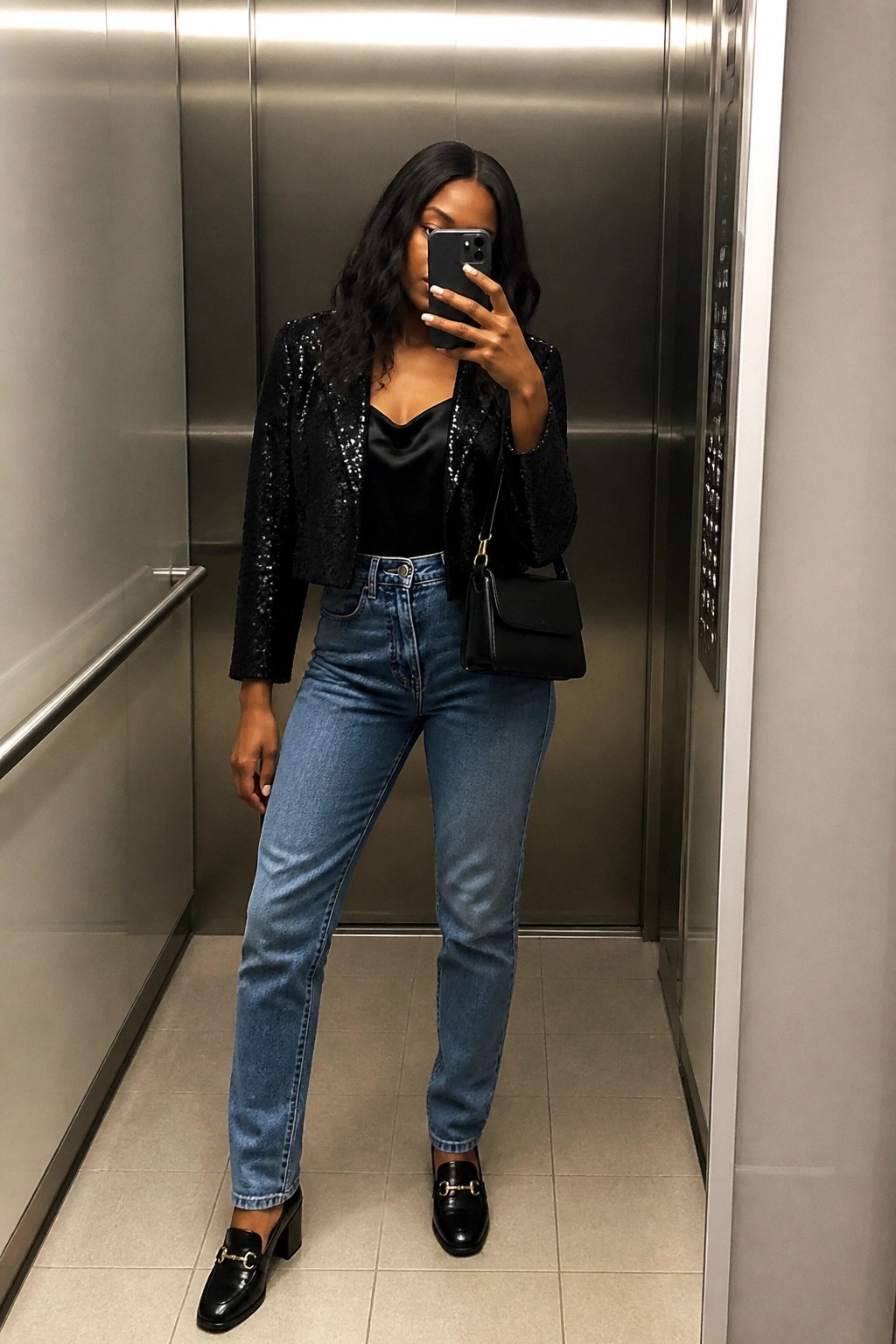 Woman in black sequined jacket and jeans taking selfie in elevator