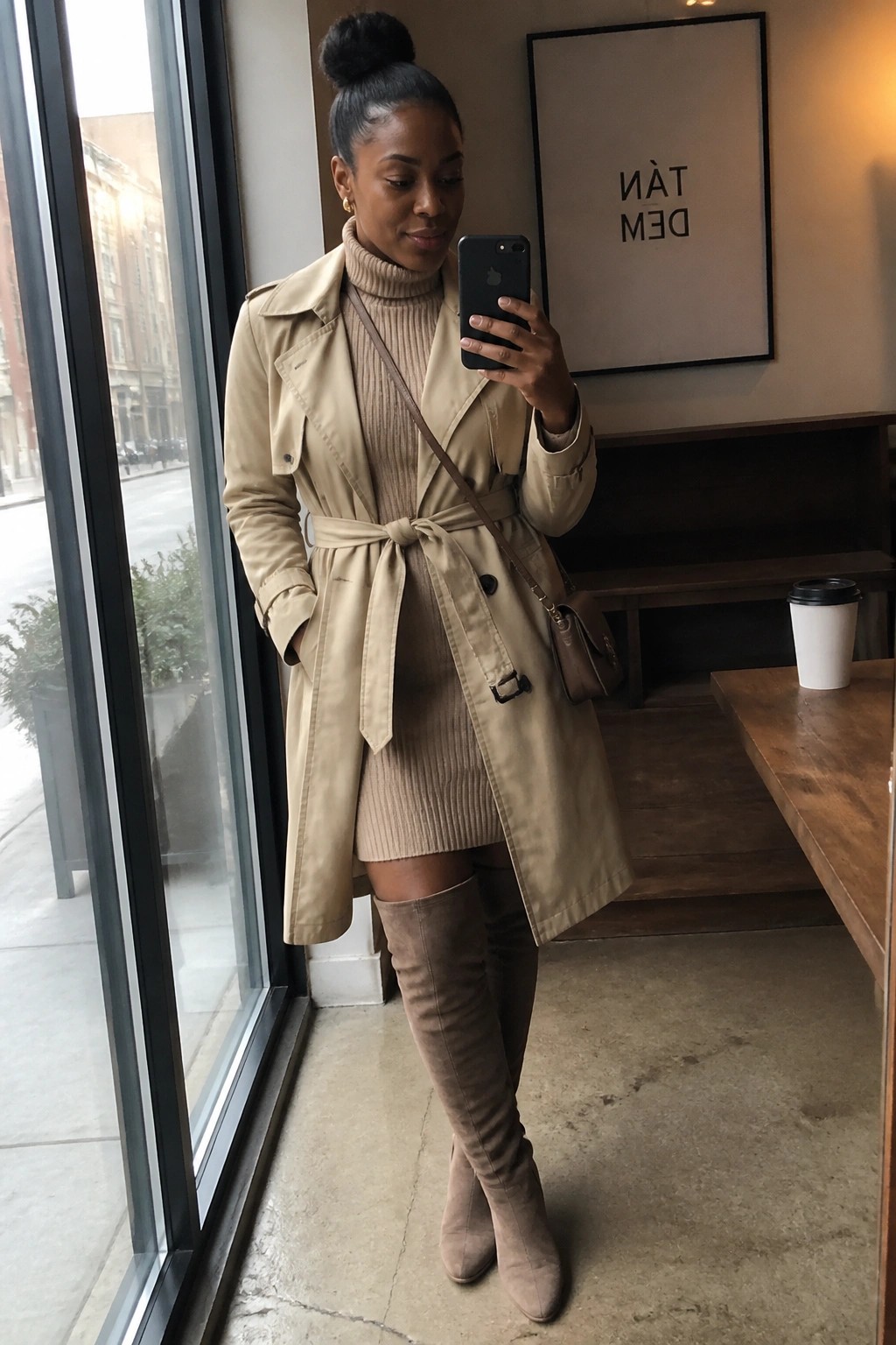 Woman in beige trench coat over ribbed sweater dress taking selfie in suede boots