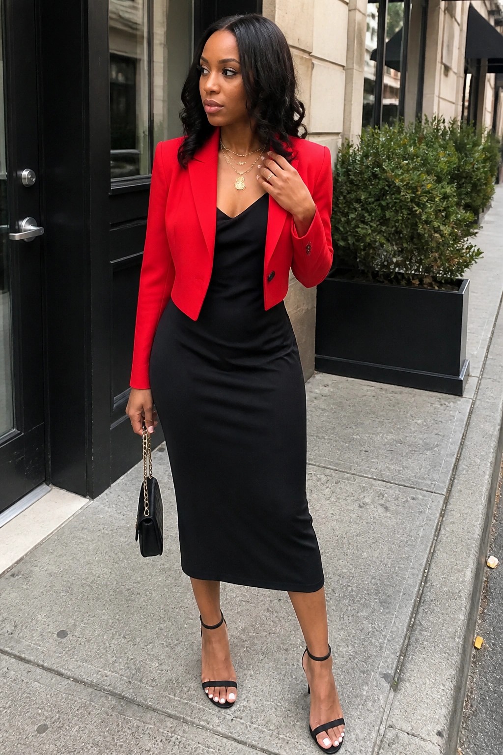 Woman in bright red cropped blazer layered over black midi dress, black strappy heels, small black handbag with gold chain, and layered gold necklaces.