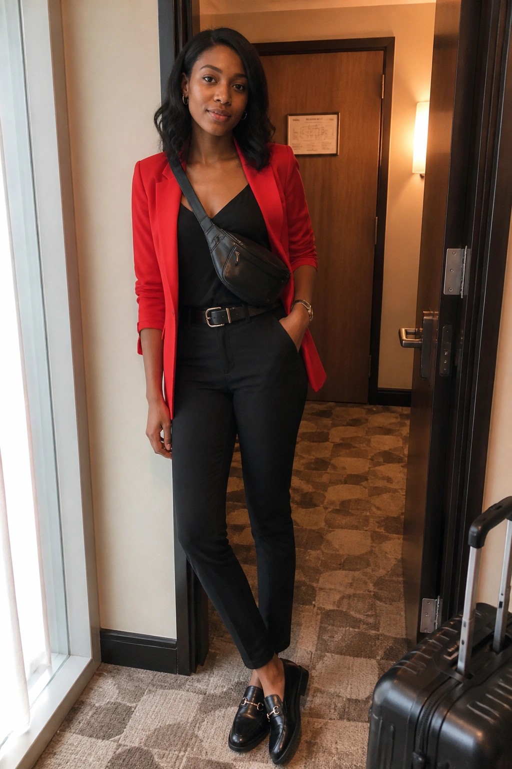 Woman in red blazer, black outfit, and crossbody bag beside suitcase in hallway