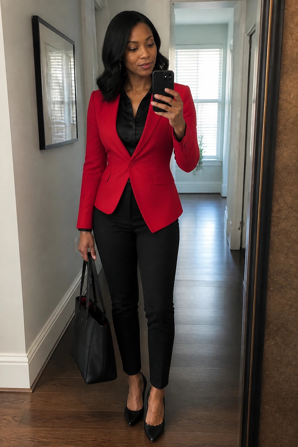 Woman in a bright red tailored blazer over a black satin shirt and black slim pants, holding a black tote and phone for a mirror selfie, wearing black pointed heels and minimal gold jewelry.