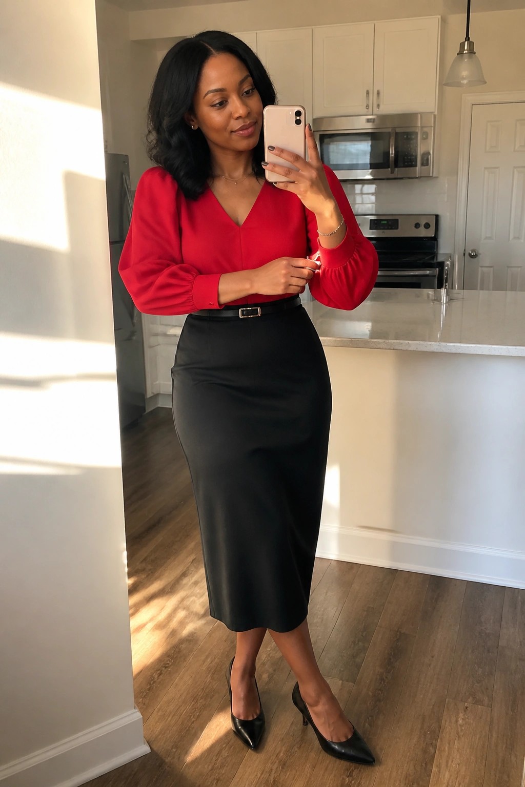 Woman in red blouse and black pencil skirt taking mirror selfie in kitchen