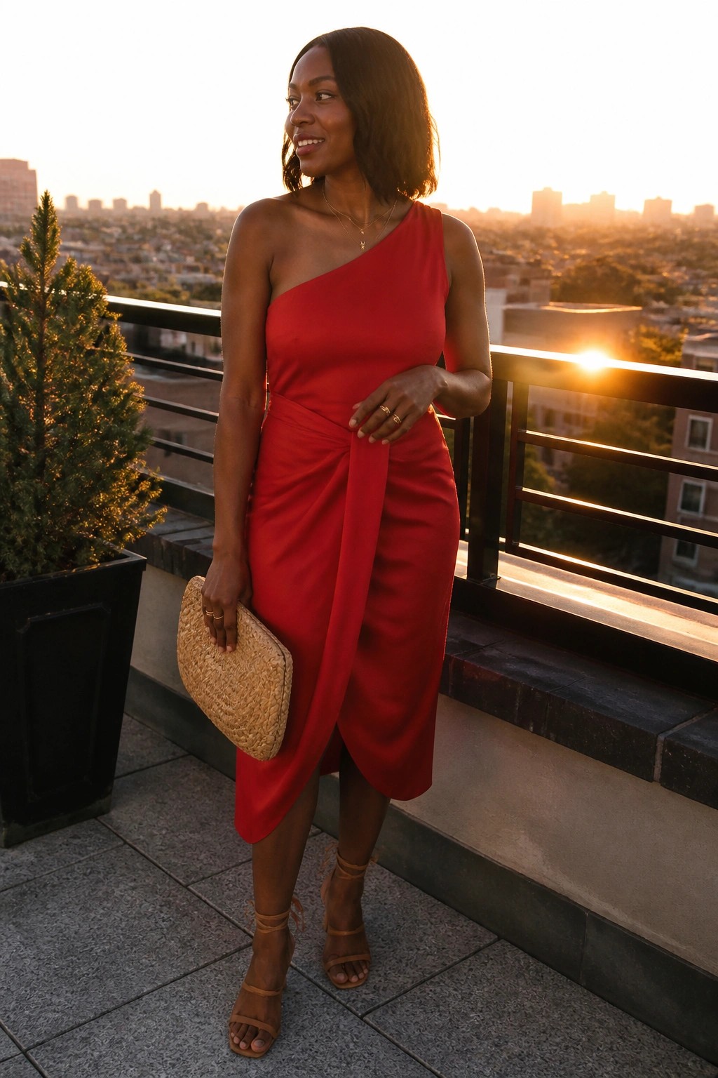Woman in red one-shoulder dress holding woven clutch on sunset city balcony