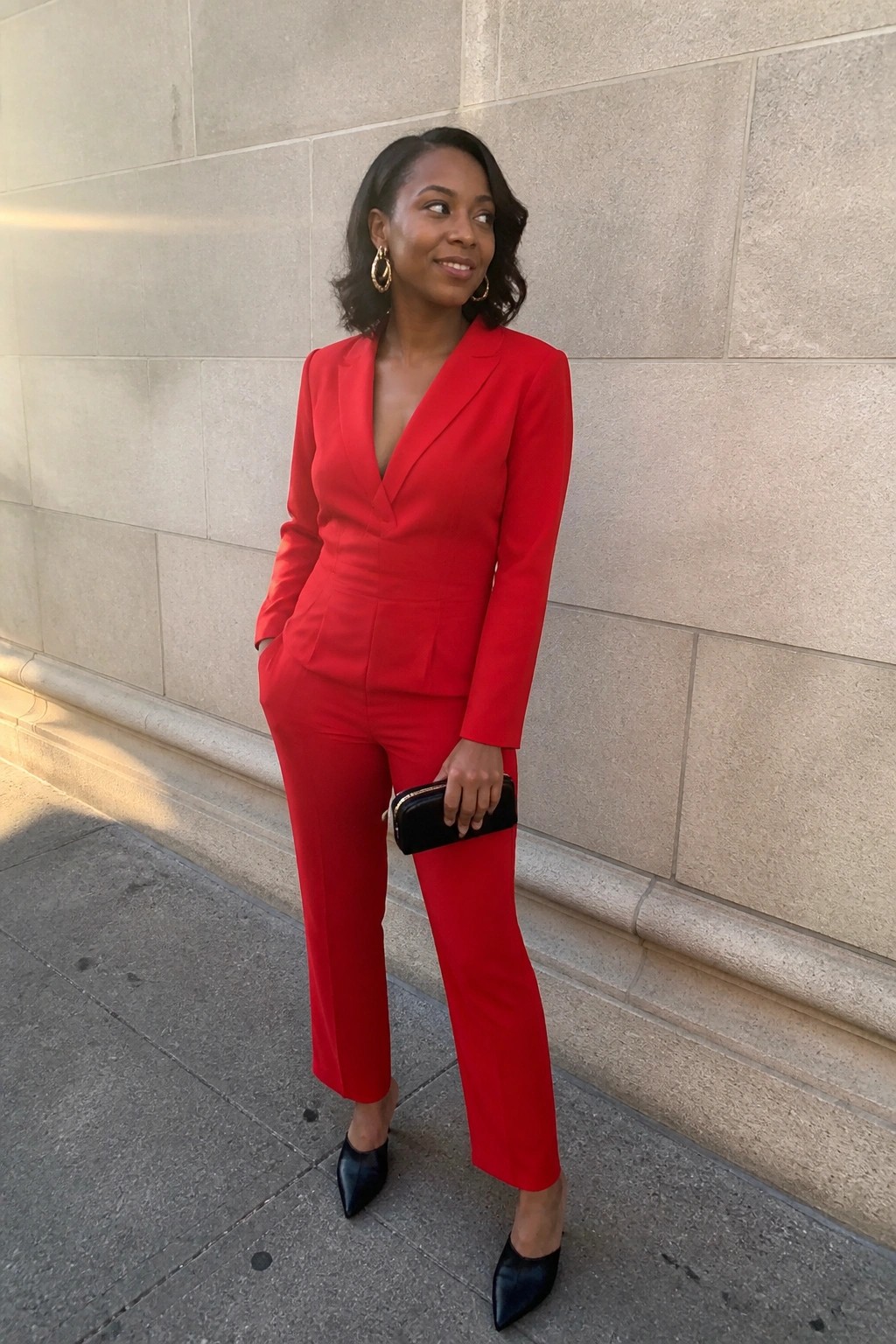 Woman in red pantsuit holding black clutch against stone building wall