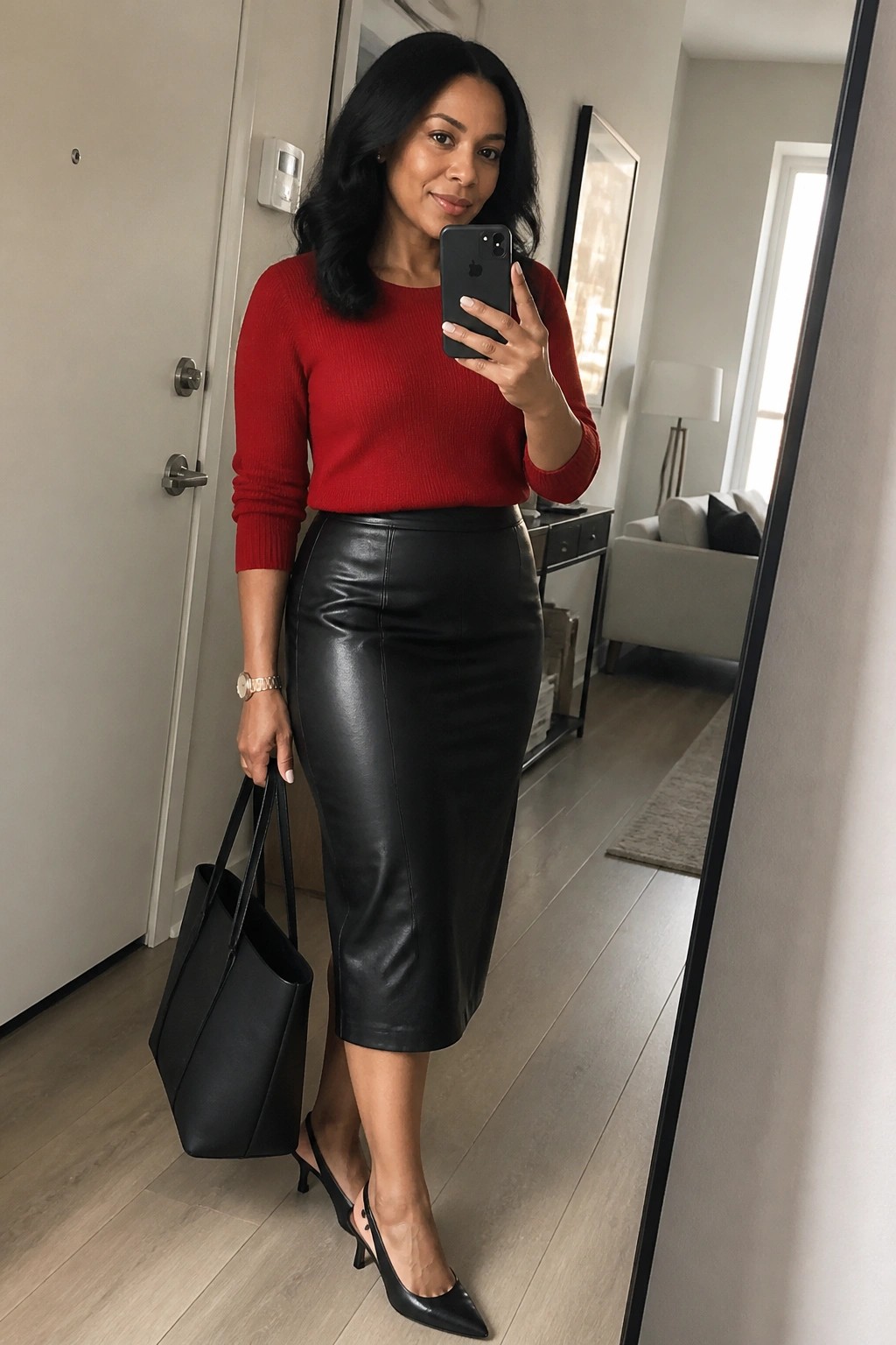 Woman in red sweater and black leather skirt taking mirror selfie with black tote bag