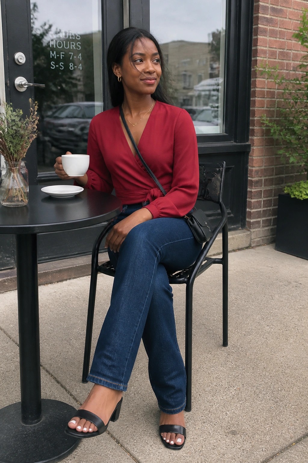 Woman in red wrap blouse and jeans at outdoor cafe holding white coffee cup