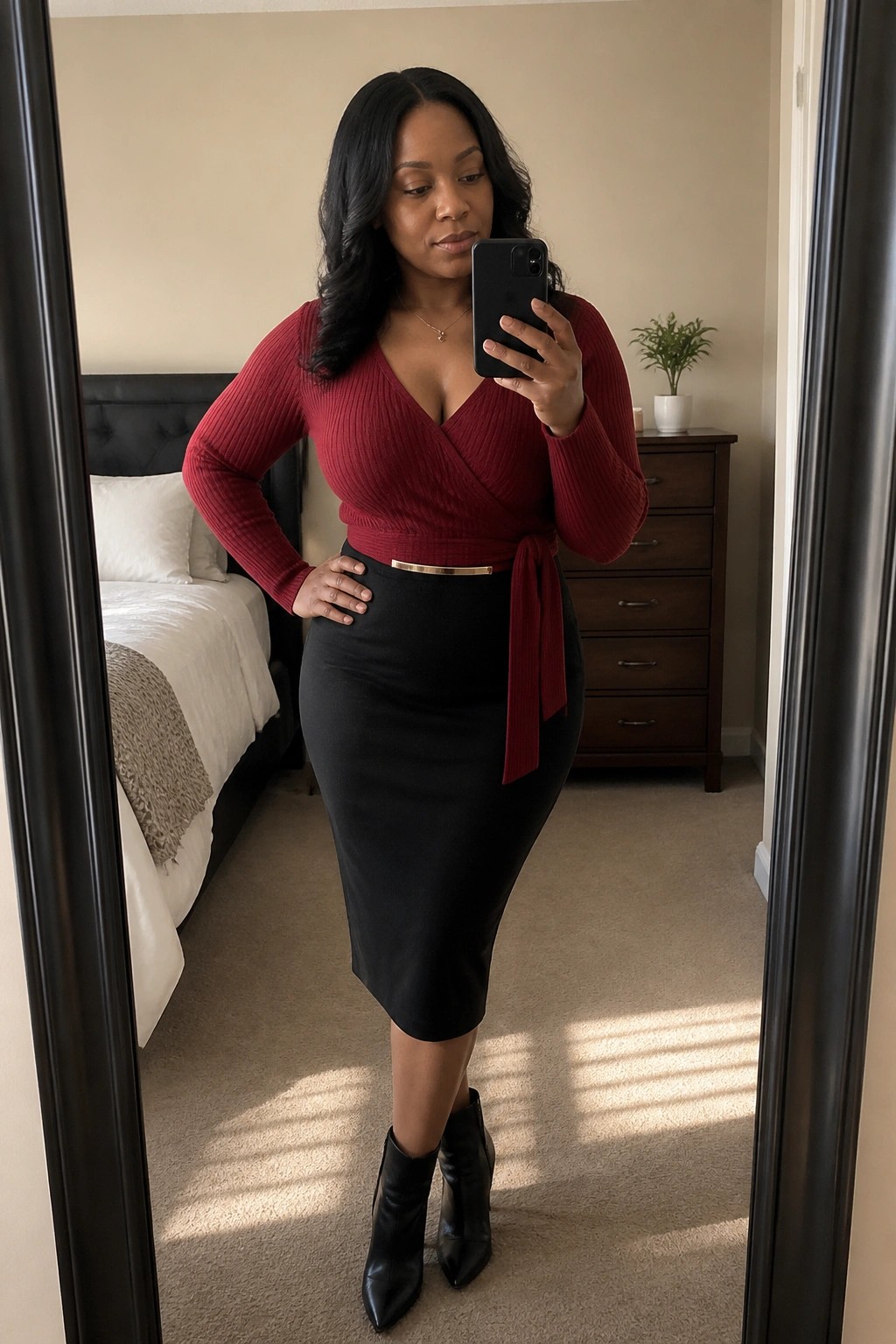 Woman in red wrap top and black skirt taking bedroom mirror selfie