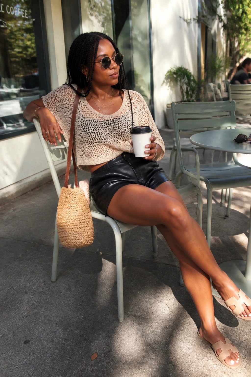 Woman in beige open-knit top and black leather shorts holds coffee at outdoor cafe.