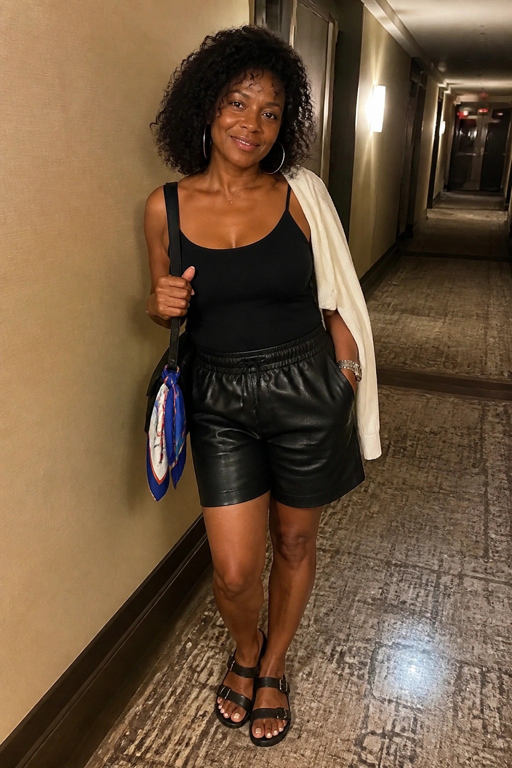Woman with curly hair in black tank top and leather shorts holding scarf bag in hallway