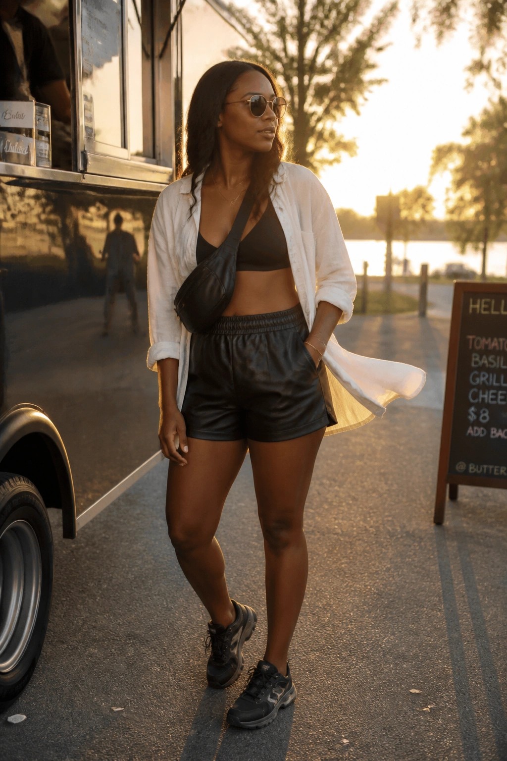 Black woman wearing black leather shorts, open white button down shirt, black crop top, black crossbody bag, and black sneakers in an outdoor setting.