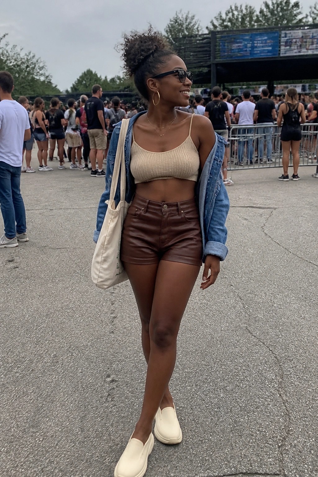 Smiling woman in beige crop top, brown leather shorts, and denim jacket with tote bag outdoors