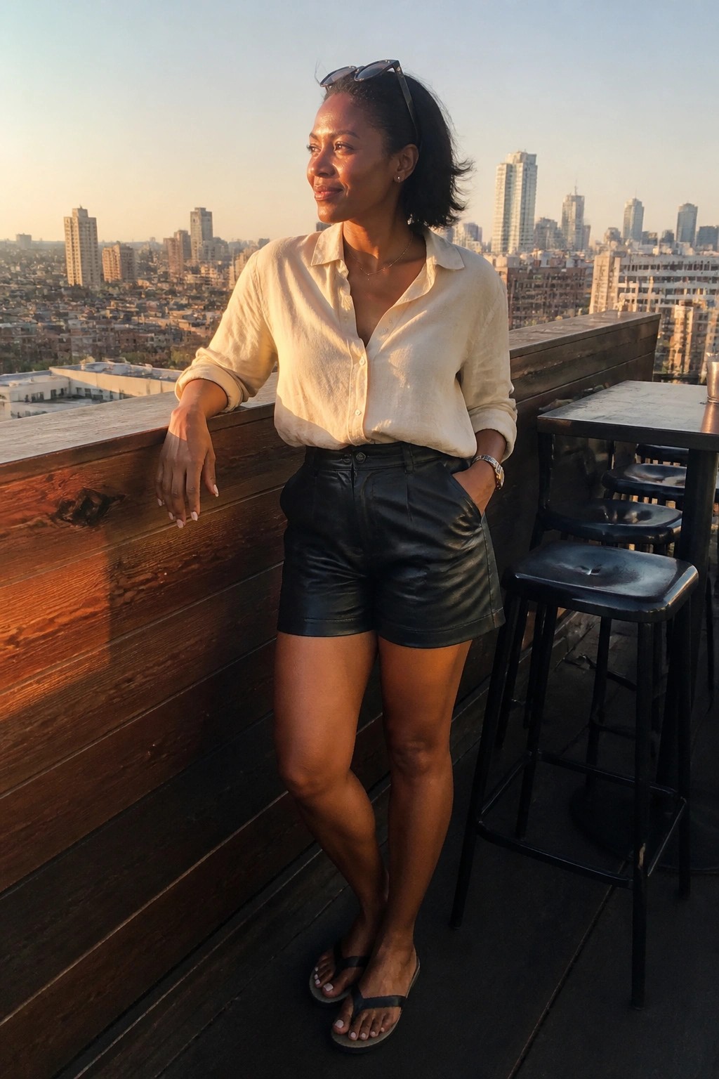 Woman in cream shirt and black shorts on city balcony at sunset