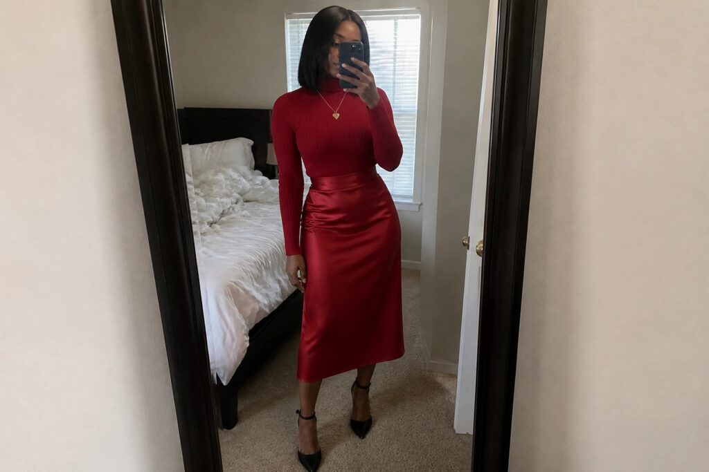 Woman in red turtleneck and satin skirt taking bedroom mirror selfie