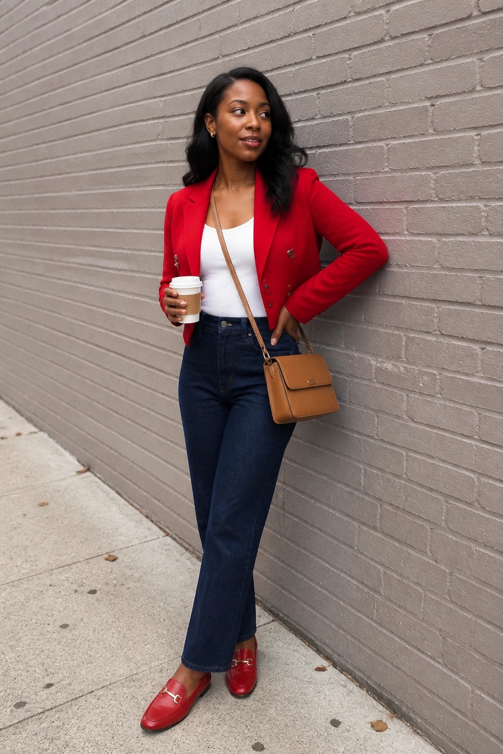 Woman in red blazer and jeans holds coffee against brick wall