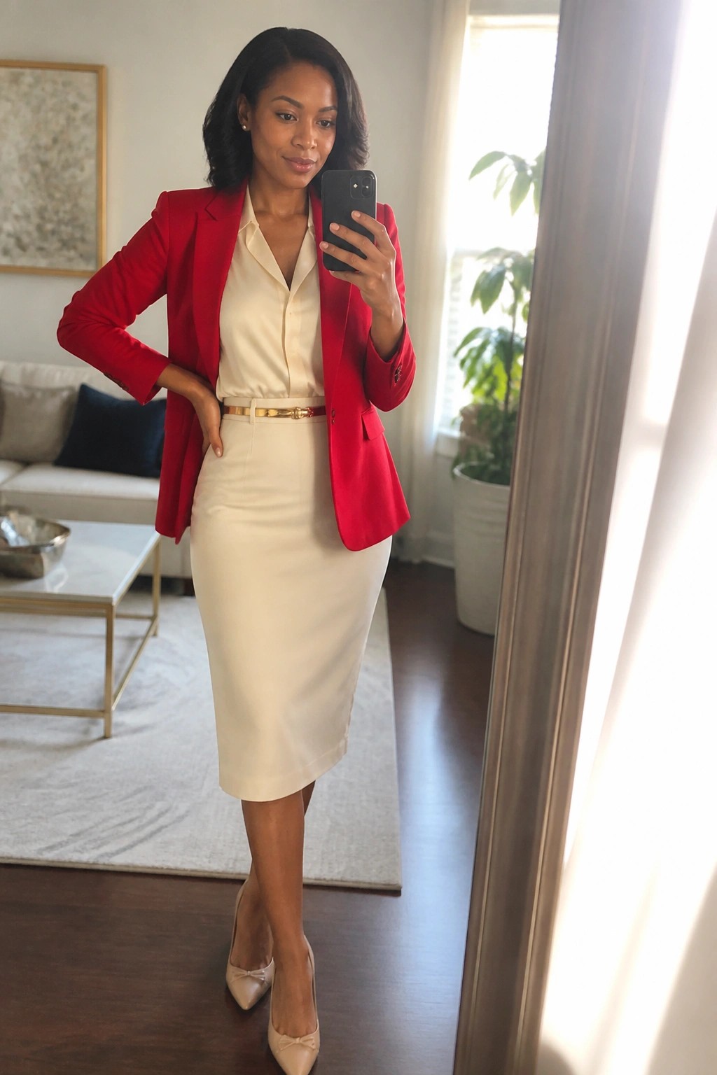 Woman in red blazer and cream skirt taking mirror selfie in living room