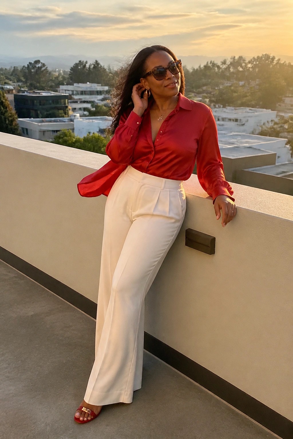 Woman in red satin blouse and white trousers leaning on balcony at sunset