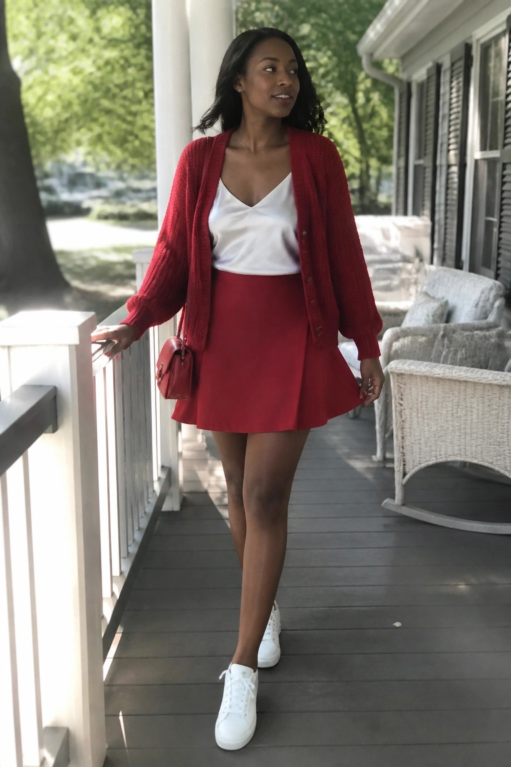 Woman in red cardigan and skirt with white top, sneakers, and purse on porch