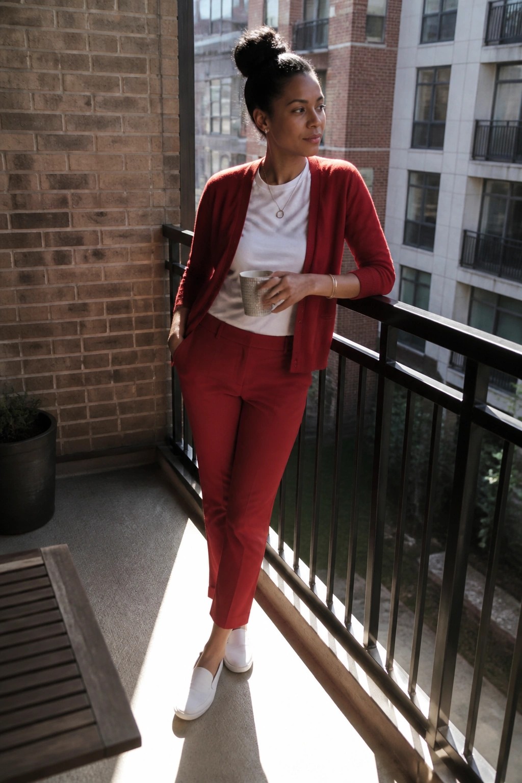 Woman in red cardigan and pants holding mug on sunny balcony