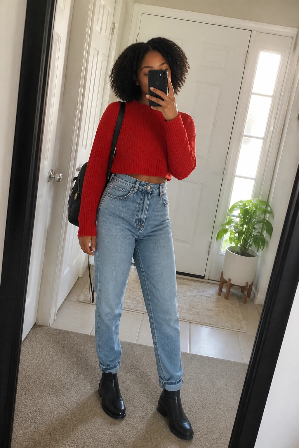 Woman in red cropped sweater and light-wash jeans taking mirror selfie with phone