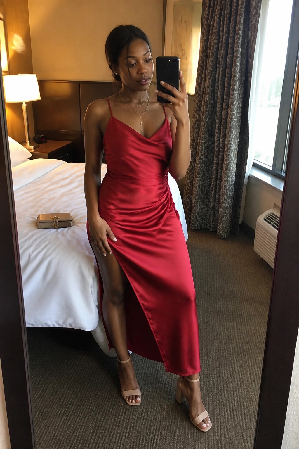 Woman in red satin dress taking mirror selfie in hotel room