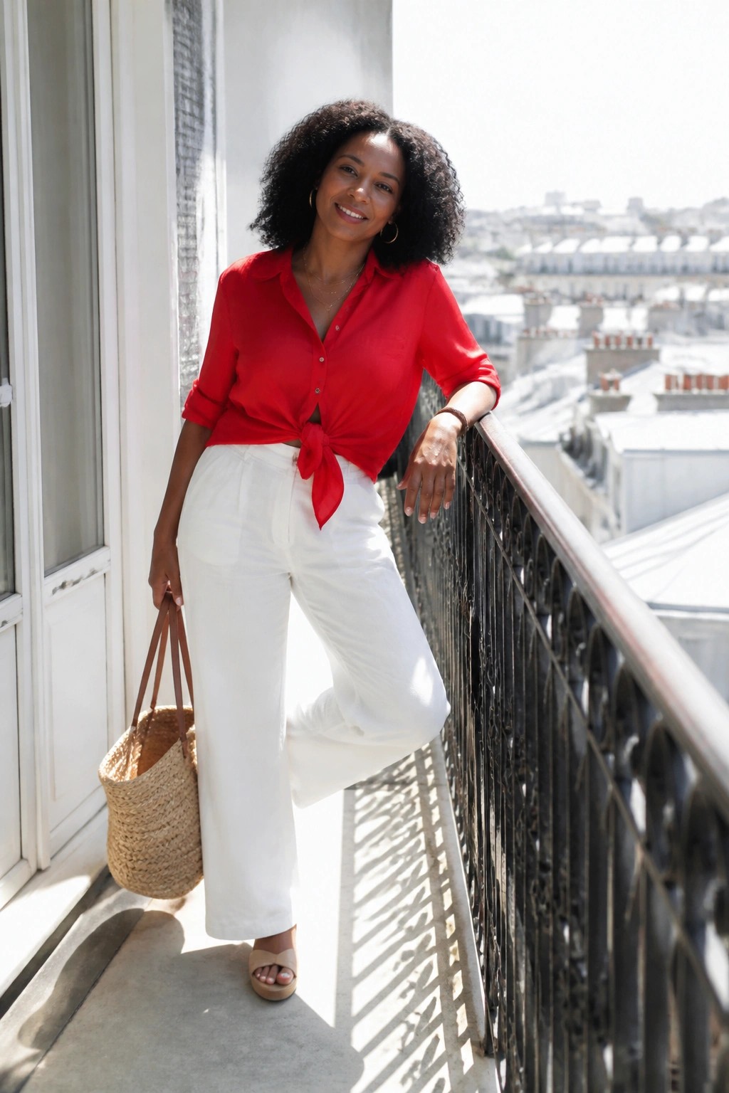 Woman in red tied shirt and white pants on sunny city balcony with straw bag