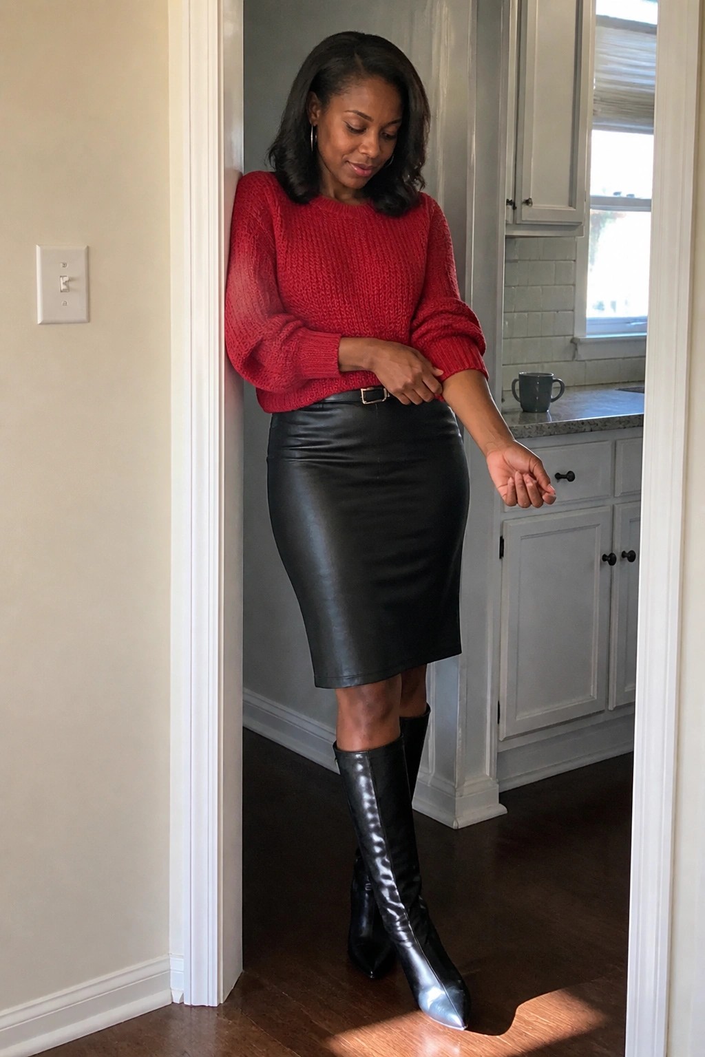 Woman in red knit sweater and black leather skirt with shiny knee-high boots in doorway