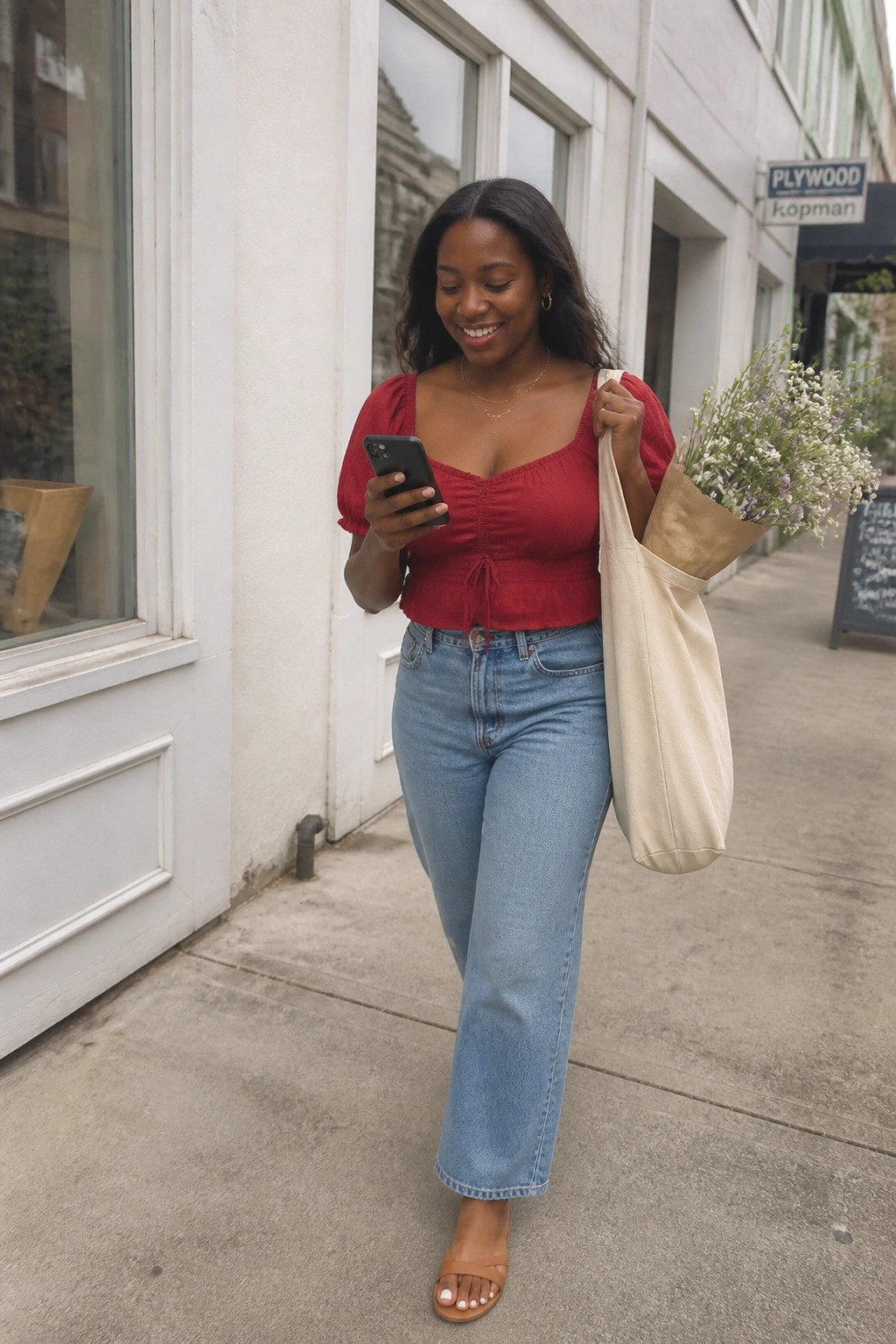 Woman in red top and jeans smiles at phone while carrying tote bag of flowers