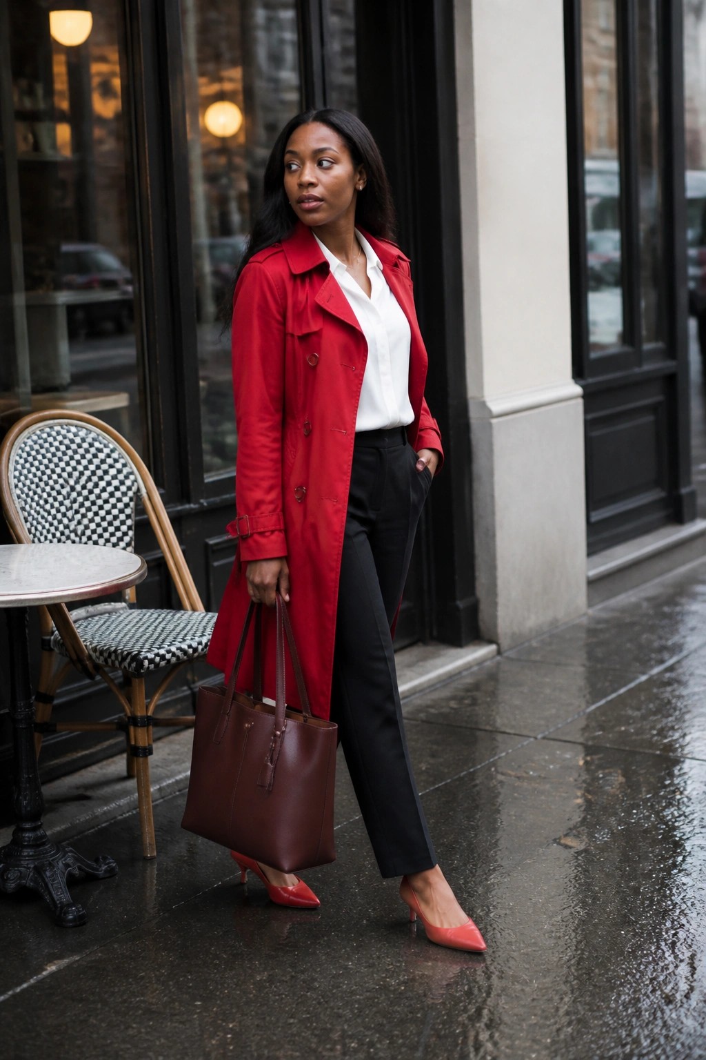 Woman in red trench coat with brown tote on wet city sidewalk